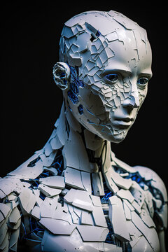 Porcelain white humanoid cyborg with blue glowing eyes. Android. AI - artificial intelligence concept. generative ai. Portrait of a futuristic android robot