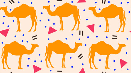 Cute abstract colorful hand drawn seamless vector pattern background with dromedary camel and geometric shapes