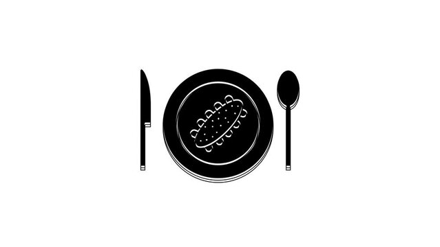 Black Served cucumber on a plate icon isolated on white background. Marine food. 4K Video motion graphic animation