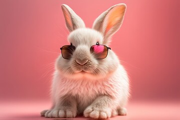 Obraz na płótnie Canvas Cute spring bunny on pink background wearing sunglasses. Ai generative.