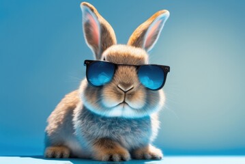 Cute spring bunny on blue background wearing sunglasses. Ai generative.