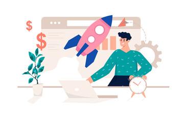 Business idea pink concept with people scene in the flat cartoon style. Man comes up with cool business ideas.