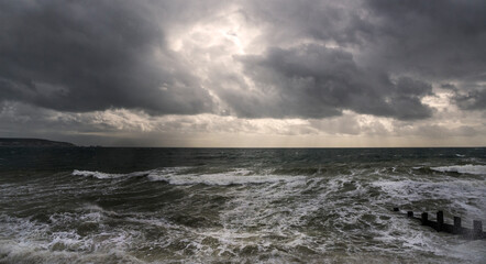 Stormy seascape across Solent water, Hampshire UK