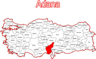 Vektorkarte der T&uuml;rkei - mit Landkreiskarte des Districts Adana 