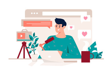 Live streaming pink concept with people scene in the flat cartoon style. Blogger broadcasts live and tells something to his followers.