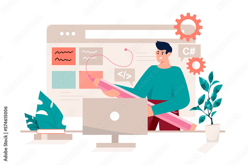 Poster ui ux programming pink concept with people scene in the flat cartoon design. designer edits site set