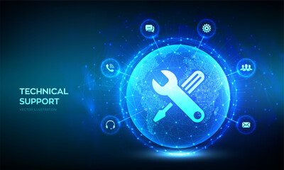 Technical support. Customer help. Global international tech support. Customer service, Business and technology concept. Earth planet globe. Vector Illustration.