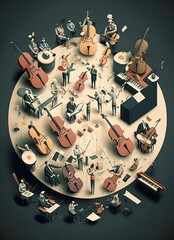 Top view illustration of orchestra with musical instruments including string instruments, such as the violin, viola, cello, and double bass. Concept of classic music. Generative AI.