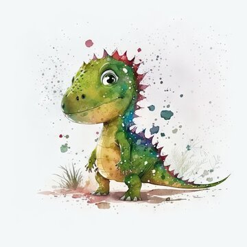 Cute Watercolor Dinosaur, Little Watercolour Dino Isolated, Aquarelle Dinosaur, Abstract Generative AI Illustration