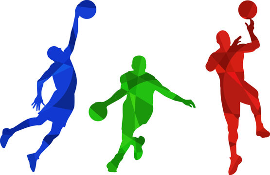 Set of silhouettes of basketball players on white background. Isolated vector colored images. Abstract blue, green and red vector image of sportsmen.