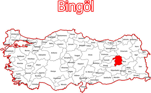 Vektorkarte der T&uuml;rkei - mit Landkreiskarte des Districts Bing&ouml;l