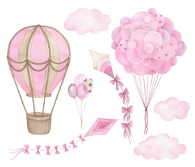 Watercolor set with hot air balloons, clouds and kite. Hand painted pink isolated  illustration on white background.