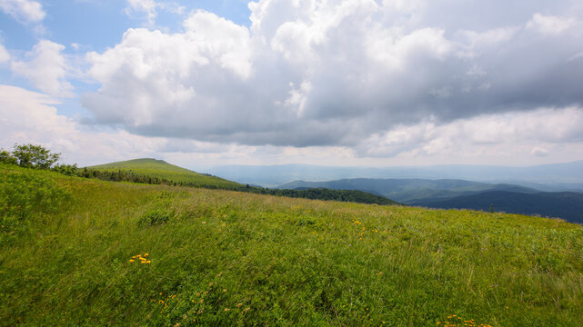 nature scenery with hills and meadows. summer mountain landscape with clouds on the sky