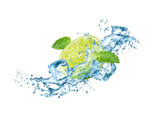 Wave splash with lime, ice cubes, leaves, mojito