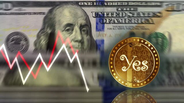 Yes or No random decision choice golden coin over 100 Dollar banknotes. US note counting and chart line on background. Loopable and seamless 3d abstract concept.