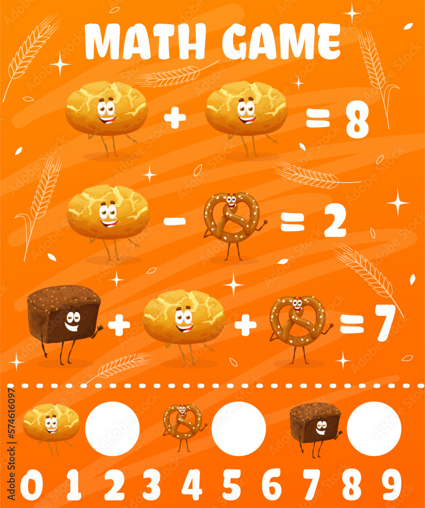 Poster math game with cartoon bakery bread characters