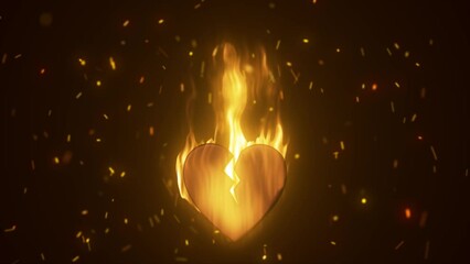 Abstract fiery burning in a flame loving heart broken from love with a crack on the background of sparks. Video 4k, motion design