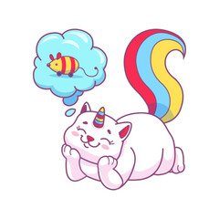 Cartoon caticorn character dreaming about mouse