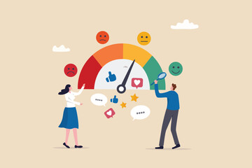 Sentiment analysis on customer feedback, brand reputation or positive review, social voice, rating or opinion report, reaction or survey concept, business people analyze social sentiment dashboard. - obrazy, fototapety, plakaty