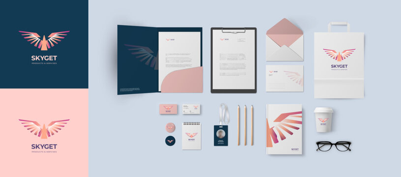 Stationery mockup vector set. Corporate premium identity branding design. Template for business and respectable company based on minimal blue and violet logo with eagle bird or hawk.