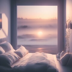Photo of white bedroom morning sunrise - generative ai
