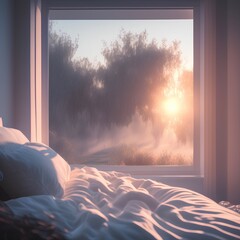 Photo of white bedroom morning sunrise - generative ai