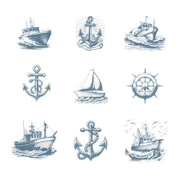 Marine doodles set with ships, boats and nautical anchors. Vector illustrations in hand drawn style.