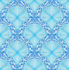 Majolica seamless pattern. Sicilian hand drawn blue ornament. Traditional blue and white ceramic tiles. Portuguese traditional azulejo pattern. Moroccan style.	