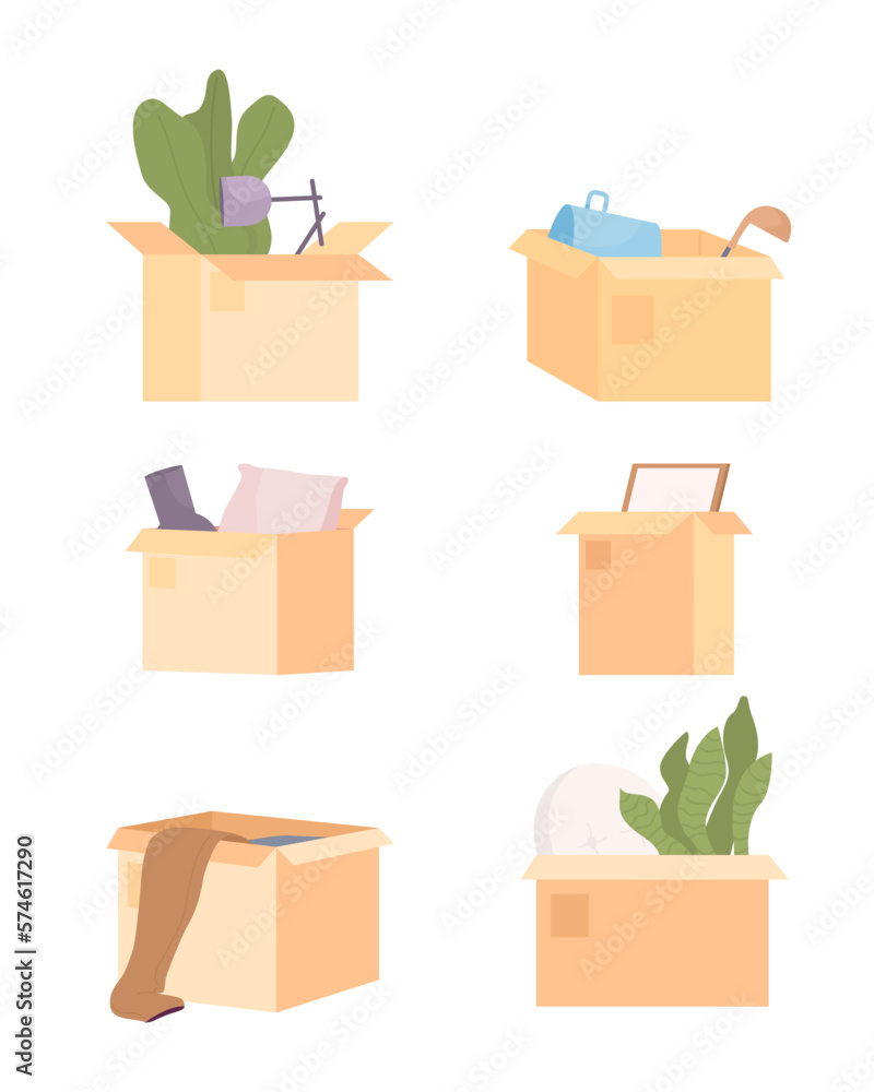 Poster open packing boxes with belongings semi flat color vector objects bundle. editable icons. full sized