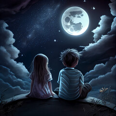 Fototapeta na wymiar Kids sitting on roof at night, little boy and girl looks at moon in sky