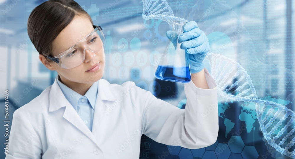 Poster scientists man with molecule of dna with gradient background.