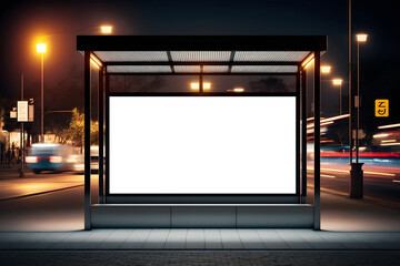 Modern Empty space advertisement board, blank white signboard in city in night, Bus stand empty billboard in night, Marketing banner ad space in city, Advertisement billboard on bus stand in city	

