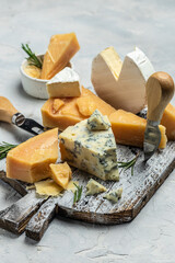 Parmesan. Cheeses set dor blu chedar camamber brie. Different types of cheese with knife on a light background. place for text, top view