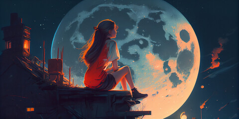 lofi girl sitting on the roof looking on moon