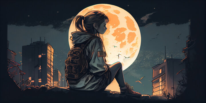 Lofi Girl Sitting On The Roof Looking On Moon