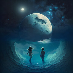 Fantasy dream, two children swimming in spcace near and at the moon, beautiful illustration of innocence of kids, brothers, siblings, flying in the air - obrazy, fototapety, plakaty