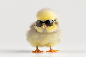 Cute spring baby chick on white background wearing sunglasses. Ai generative.