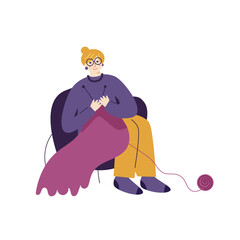 Vector flat illustration with elderly woman knitting in a chair.