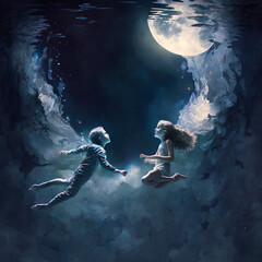 Fantasy dream, two children swimming in spcace at night near and at the full moon, beautiful illustration of innocence of kids, brothers, siblings, flying in the air