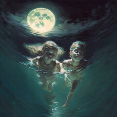 Fantasy dream, two children swimming in spcace near and at the moon, beautiful illustration of innocence of kids, brothers, siblings, flying in the air - obrazy, fototapety, plakaty