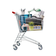 Shopping cart full of office supplies and accessories