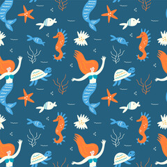Fototapeta na wymiar Seamless vector pattern of colorful underwater world with cute mermaids and fish. Modern design for fabric and paper, surface textures.