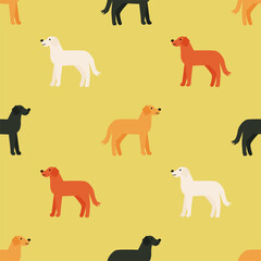 Seamless vector pattern with cute labrador dogs on yellow background. Modern design for fabric and paper, surface textures.