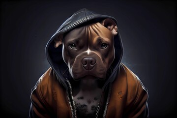 American bully wearing human clothing. Solid color background, studio style. Portrait photo. Generative AI.