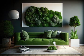 Painted Stabilized Moss Picture in Modern Interior, Green Moss Wall, Abstract Generative AI Illustration