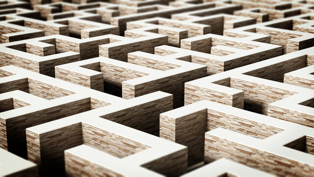 Labyrinth with stone walls. DOF effect. 3D illustration © Destina