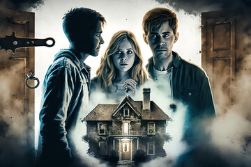 Halloween style new home buyers get the keys to their haunted scary home from the realtor. Gloomy, scary, dark and dangerous, and full of spirits and demons. Why did they buy