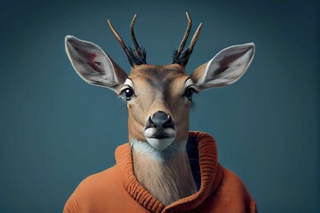 deer retriever wearing human clothing. Solid color background, studio style. Portrait photo. Generative AI.