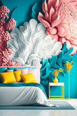 modern luxury bedroom scene with a stunning hyper-realistic abstract mural of spring flowers in front of an exquisite bed, vivid yellow, blue, teal & pink pastels, (generative AI) vertical