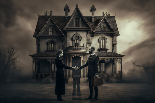 Halloween style new home buyers get the keys to their haunted scary home from the realtor. Gloomy, scary, dark and dangerous, and full of spirits and demons. Why did they buy